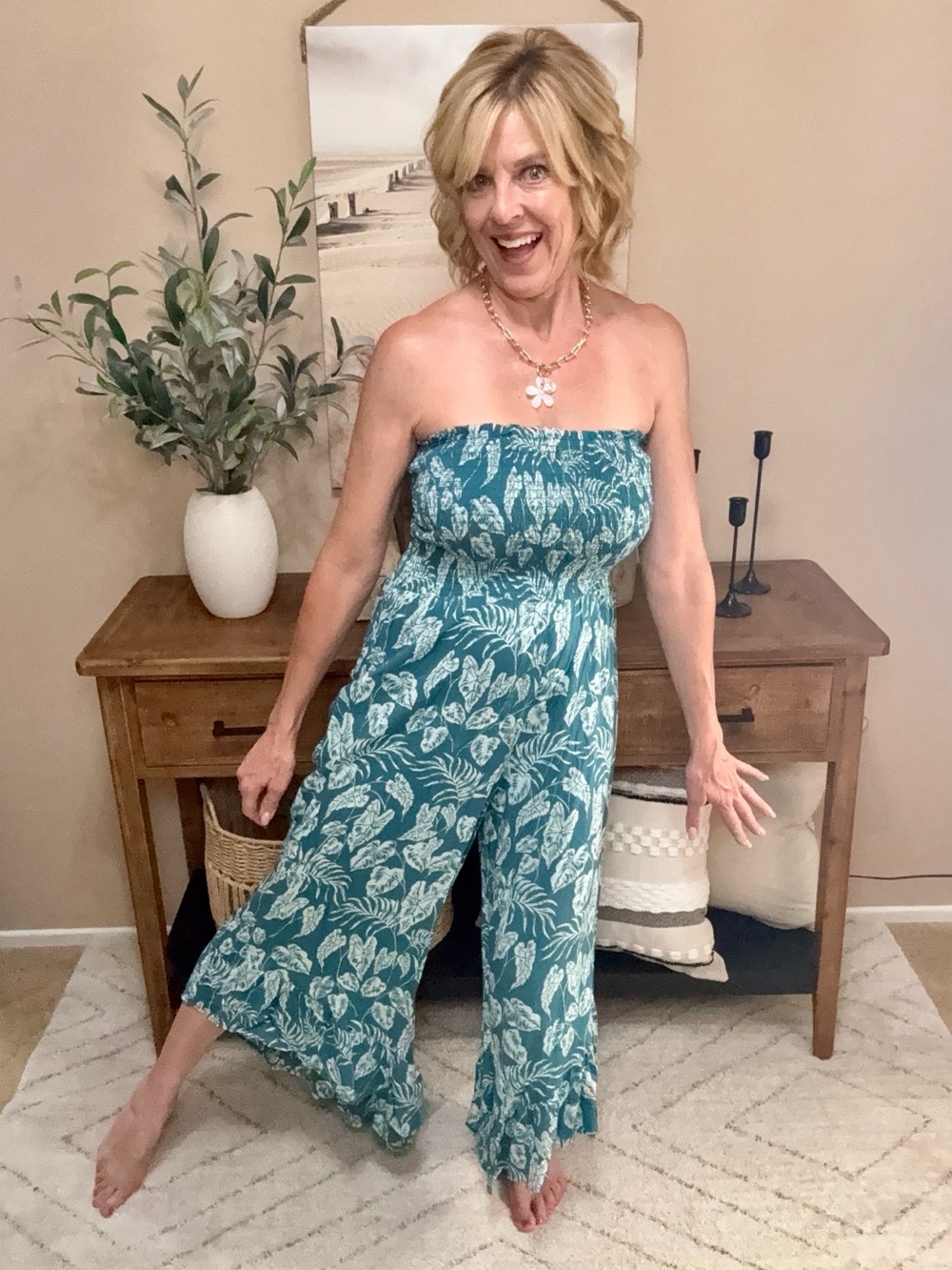 Angie Teal Floral Strapless Wide-Leg Jumpsuit